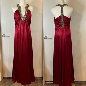 Vintage Y2K Marc Bouwer 100% Silk Maxi Dress Beaded V-Neck Red Cocktail Party 10